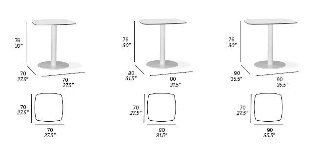 Dimensions - Foot Dining Tables with Rounded Square Tops