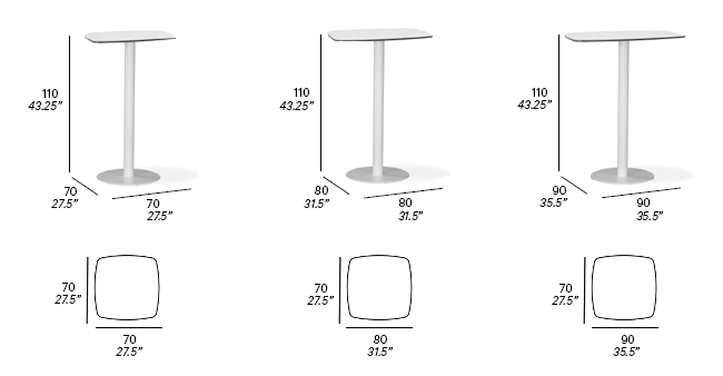 Dimensions - High Foot Dining Tables with Rounded Square Tops