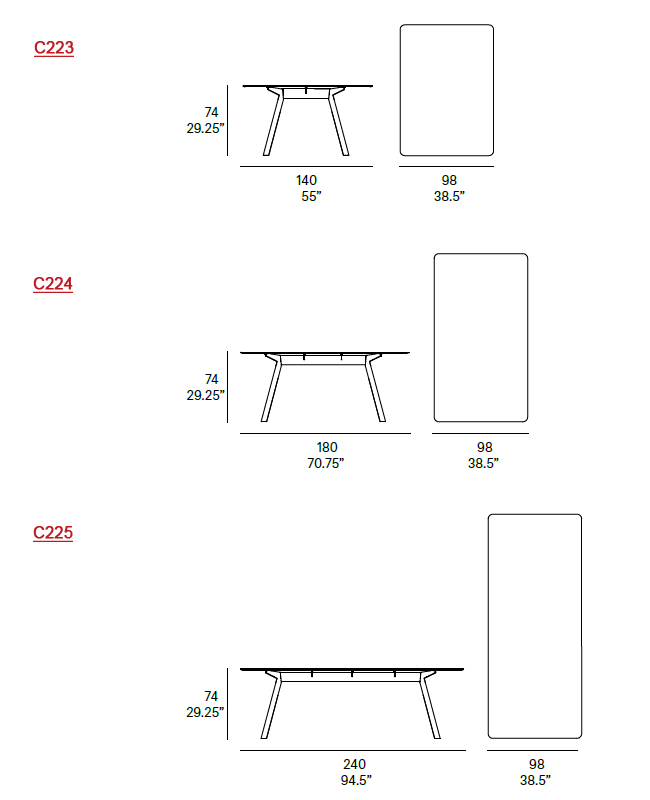 Dimensions - Models C223, C224 & C225, Rectangular Dining Table.