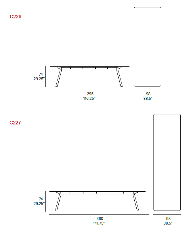 Dimensions - Models C226 & C227, Rectangular Dining Table.